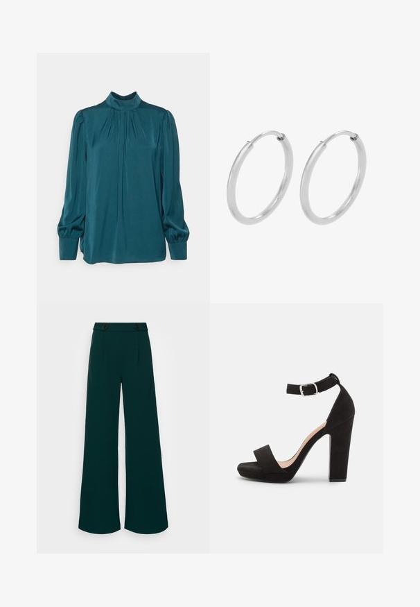 Anna Field Bluse - green; Bredde bukser i mørk teal stof, med høj talje og dobbelte knaplukninger, skarpe folder og en glat, strømlinet tekstur.; Anna Field Sandaler - black; Sølv hoops øreringe, cirkulær form, glat skinnende tekstur og ensartet bredde hele vejen igennem. Minimalistisk design uden yderligere accenter.