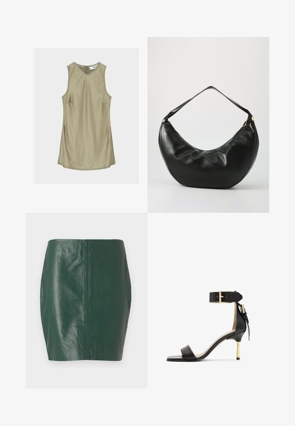 Ärmelloses olivgrünes V-Ausschnitt-Kleid mit sichtbaren Nähten und Reißverschluss am hinteren Hals, innen mit Etikett "DAY."; Grüne Leder-Minirock mit glatter Textur und figurnaher Form. Verfügt über ein nahtloses Design ohne sichtbare Verschlüsse oder Beschläge.; Schwarze Leder-Absatzsandale mit quadrater Zehenform, Fesselriemen mit einer goldenen Schnalle und einem schlanken, metallischen Absatz. Glatte Textur, minimalistisches Design.; Schwarze Leder-Schultertasche mit geschwungener Form, weicher Textur und einem einzelnen Riemen; verfügt über einen goldenen Reißverschluss und dezente Markenkennzeichnung.