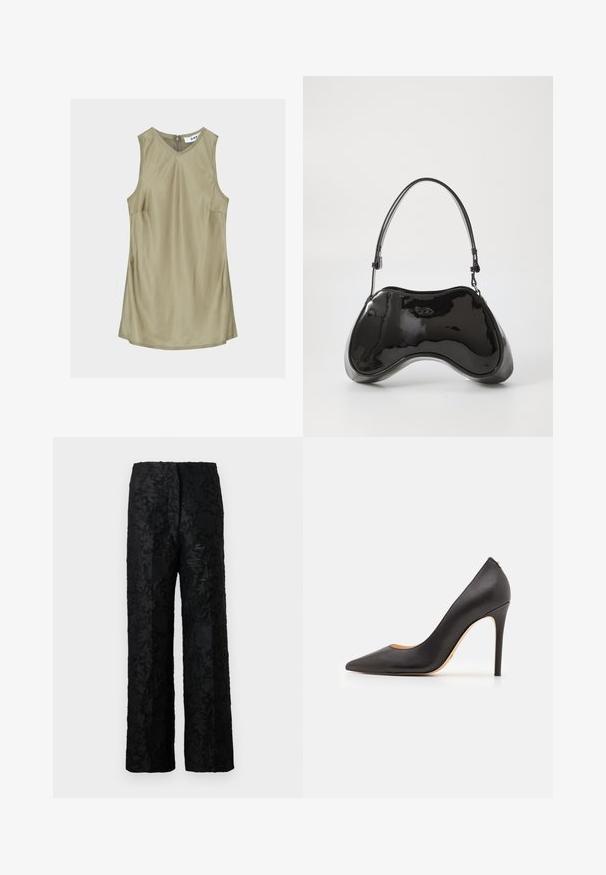 Robe sans manches vert olive à col en V avec coutures visibles et fermeture éclair au dos du cou, étiquette à l'intérieur indiquant "DAY."; Pantalon noir avec un motif floral texturé, fabriqué dans un matériau doux, présentant une coupe ample à jambes larges et une taille haute.; Escarpin noir en cuir avec un bout pointu, une texture lisse et un talon stiletto fin. Design minimaliste, sans élément visible.; Sac à main en cuir verni noir avec une forme incurvée unique, une anse courte et ajustable, et une fermeture zippée. Texture lisse avec un branding discret.