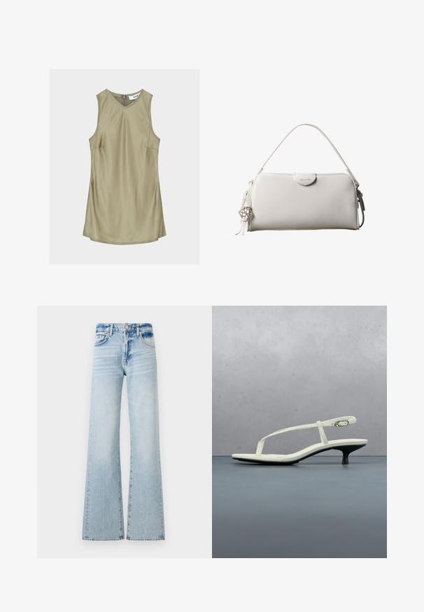 Ærmeløs olivengrøn V-hals kjole med synlige syninger og lynlåslukning bag på nakken, label indeni med teksten "DAY."; Lyseblå bredbenede jeans lavet af denim, med en mellemhøj talje, fem lommer og kontrastsyninger med en falmet finish.; Hvid sandal med stropper og kitten-hæl med spids tå, svævende over et trægulv udendørs med en sløret plante og væg i baggrunden.; Hvid rektangulær Calvin Klein håndtaske med enkelt håndtag, minimalistisk design og dekorative kvaster med geometrisk metalvedhæng på siden.