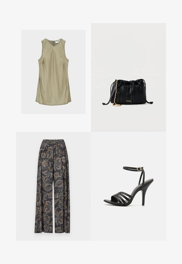 Robe sans manches vert olive à col en V avec coutures visibles et fermeture éclair au dos du cou, étiquette à l'intérieur indiquant "DAY."; Pantalons à jambes larges avec un imprimé floral sombre comportant des motifs gris et orange complexes. La taille élastique ajoute confort et flexibilité.; Sandales à talons hauts noires avec des lanières, une fine sangle à la cheville, un bout ouvert et une finition lisse. Présente un talon élancé et un design de lanières texturées.; Sac à main en cuir noir plissé avec cordon de serrage, bandoulière chaîne dorée et petit accent horizontal doré sur le devant.