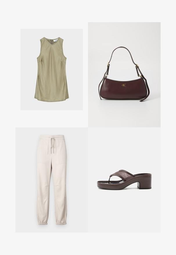 Robe sans manches vert olive à col en V avec coutures visibles et fermeture éclair au dos du cou, étiquette à l'intérieur indiquant "DAY."; Pantalons beiges légers avec une taille élastique, des détails à cordon de serrage et des poignets élastiques. Comprend deux poches avant et une texture lisse.; Sandale marron à talon avec lanière en mesh et design en tige, dotée d'un talon bloc et d'une semelle cousue, présentée de profil sur fond blanc.; Sac à main en cuir bordeaux avec une silhouette courbée, arborant un logo doré et une seule bandoulière réglable. Texture lisse, couture minimale.