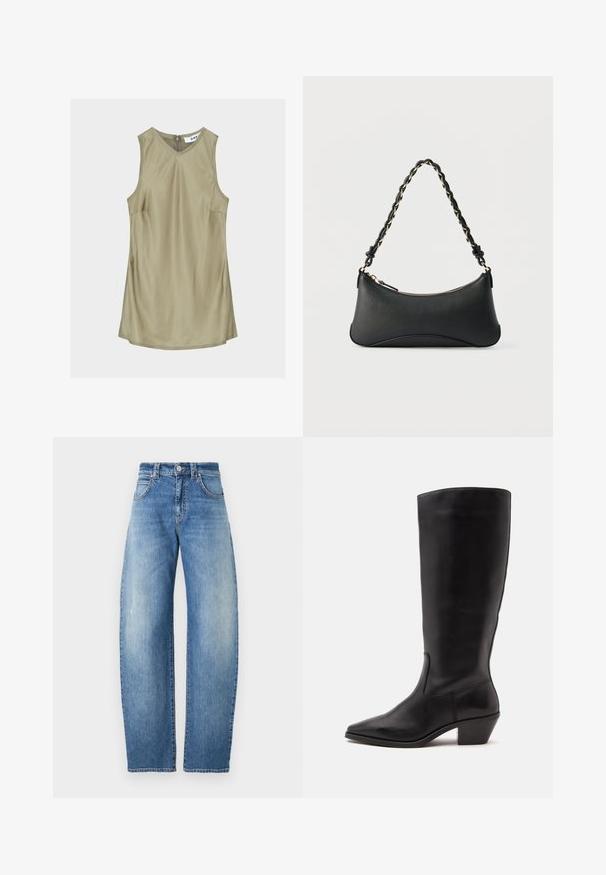 Mouwloze olijfgroene V-hals jurk met zichtbare stiksels en ritssluiting aan de achterkant van de hals, label binnenin met opschrift „DAY."; Lichtblauwe recht gesneden jeans met een hoge taille, klassiek vijfzakken ontwerp en subtiele vervaging. Gemaakt van denim met een soepele textuur.; Zwarte leren laars tot half op de kuit met een puntige neus en een lage schuine hak op een effen lichte achtergrond.; Zwarte lederen schoudertas met een gebogen rechthoekige vorm, gouden ketting verweven in een gevlochten zwarte band, en een ritssluiting bovenop.