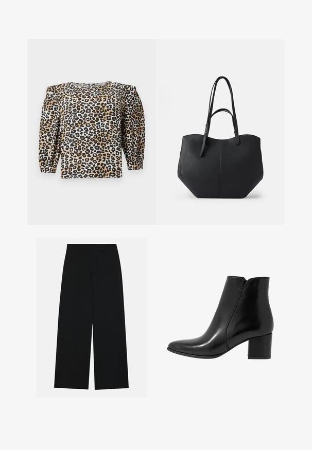 TOM TAILOR DENIM WITH SLEEVE DETAIL - Blouse - multi coloured; Zwart, wijde broek van een gladde stof. Heeft een plat tailleband met riemlussen en geen zichtbare zakken. Eenvoudig ontwerp.; Anna Field by Zalando LEATHER - Lage laarzen - black; Zwarte tote bag van glad, textuurleer, met een ronde bovenkant en dubbele lange handvatten. Heeft een hoekige basis voor stabiliteit en een gestructureerd ontwerp.