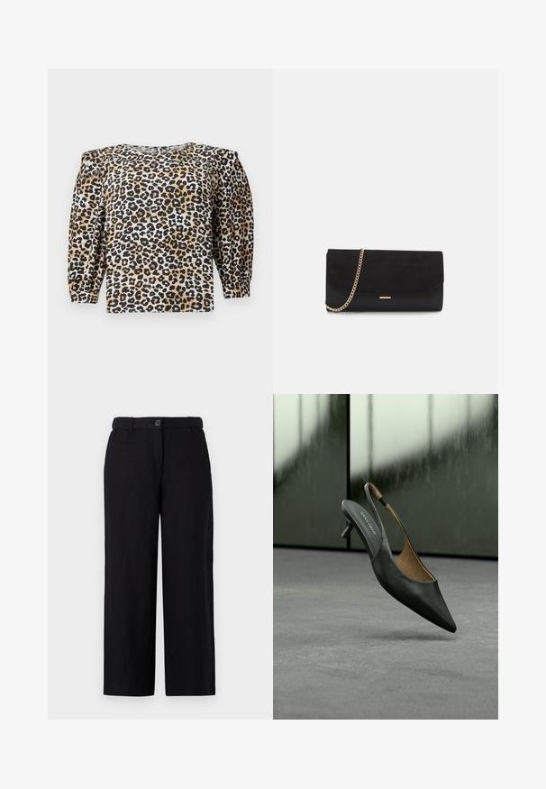 TOM TAILOR DENIM WITH SLEEVE DETAIL - Bluse - multi coloured; Sorte brede bukser lavet af et let stof, med en frontlukning med knap og bæltestropper. Glat tekstur uden synlige mønstre.; Sort slingback sko med spidset tå og lille hæl med tynd rem og "ANNA FIELD" mærke på indersålen, mod en sløret grå baggrund.; Sort clutch taske lavet af ruskind med en struktureret overflade, udstyret med en guld kædestrop og et elegant, kantet design.
