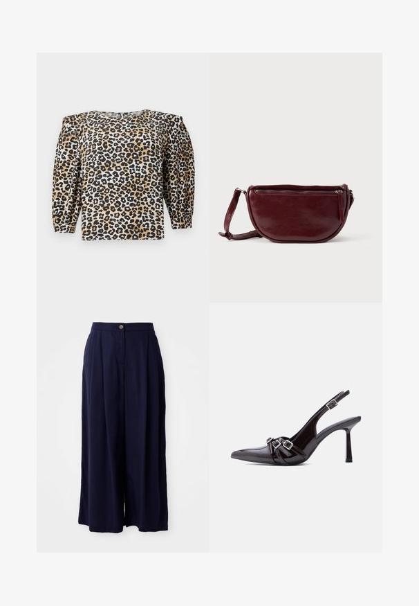 TOM TAILOR DENIM WITH SLEEVE DETAIL - Bluse - multi coloured; Marineblå vide bukser med høj talje, frontknaplukning og plisserede detaljer på hvid baggrund.; Sort slingback højhælet sko i laklæder med spids tå og tre dekorative spænder over vristen.; Vinrød læderhåndtaske med halvmåneform, lynlås og aftagelig rem. Glat tekstur med en subtil glans.