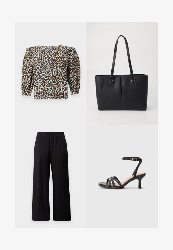 TOM TAILOR DENIM WITH SLEEVE DETAIL - Blouse - multi coloured; Zwarte wijde broek gemaakt van zachte, rekbare stof. Voorzien van een elastische tailleband en een gladde textuur, geschikt voor casual draag.; Zwarte sandalen met hakken, voorzien van meerdere dunne banden over de tenen, een enkele enkelband met een gouden gesp en een vierkante neus.; Zwarte neplederen tote bag met een gestructureerde afwerking, twee lange handvatten en goudkleurige hardware-accenten aan de zijkant. Rechthoekige vorm.
