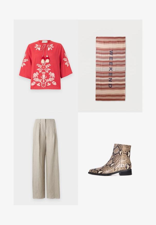 Rode blouse met witte bloemrijke borduursels op de voorkant en mouwen, voorzien van een ronde hals met gestrikte kwastkoordjes.; Beige linnen broek met hoge taille en wijde pijpen, met plooien aan de voorkant en een verborgen sluiting aan de voorkant, getoond tegen een effen achtergrond.; Schoen van slangenleer tot de enkel met een puntige neus, met een glanzende afwerking, neutrale beige en bruine kleuren, lage zwarte hak en een gestructureerd patroon.; Gestreepte stoffen handdoek met horizontale banden in tinten roest, beige en lichtbruin, met het woord "WEEKEND" in donkerblauw verticaal geplaatst.