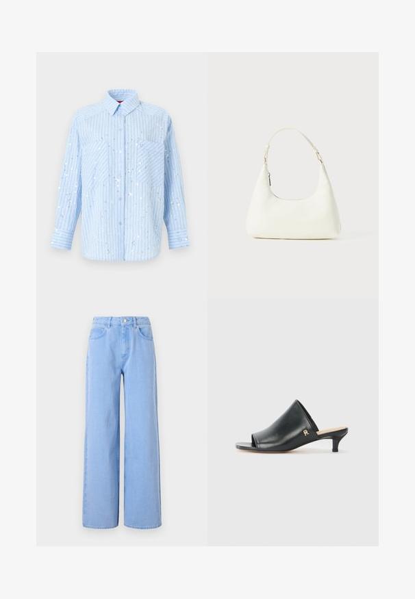 Lichtblauw overhemd met dunne verticale strepen en verspreide zilveren pailletten, met twee borstzakken en lange mouwen met knoopmanchetten.; Lichtblauwe wijde denim jeans. Heeft een aangesloten taille met riemlussen en voorzakken, stiksel details en een schone zoom.; Zwarte leren open teen muiltjes met een lage hak. Heeft een glad oppervlak en een gouden logo accent aan de zijkant.; Kleine witte schoudertas met een enkele verstelbare schouderband en een ritsafsluiting, geplaatst tegen een effen witte achtergrond.