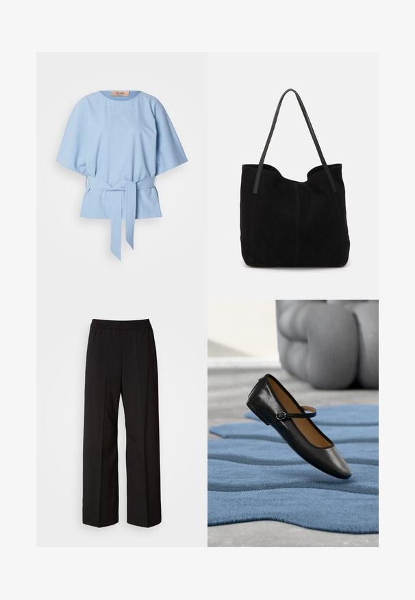 Lyseblå bluse med korte ærmer, afslappet pasform, rund halsudskæring og taljebånd. Lavet af et tekstureret stof med sideslidser.; Sorte brede bukser med plisseret design, elastisk talje og glat stoftekstur. Velegnet til forskellige anledninger.; Sort læder Mary Jane-sko med spænde, vist på et struktureret blåt tæppe, med en sløret grå tuftet sofa i baggrunden.; Sort ruskinds totemed med to lange, flade læderremme. Har en buet topkant og synlige stikninger langs forsiden. Ingen hardware-dekorationer.