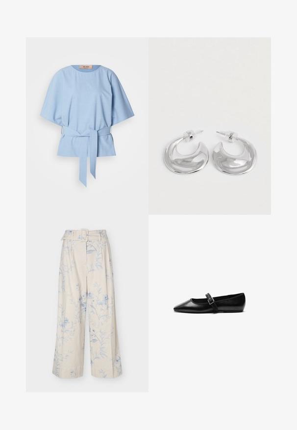 Haut bleu clair à manches courtes avec une coupe décontractée, un col rond et une ceinture à la taille. Fabriqué en tissu texturé avec des fentes sur les côtés.; Pantalon crème à jambes larges avec imprimé floral bleu clair et ceinture en tissu assortie avec boucle rectangulaire.; Chaussure noire plate en cuir avec un bout pointu, bride réglable avec une boucle en métal, texture lisse et design minimaliste.; Une paire de boucles d'oreilles en croissant argenté poli avec des supports en plastique transparent sur une surface blanche.