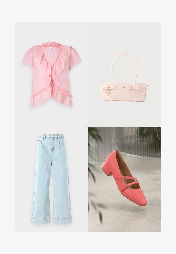 Roze luchtige blouse met korte gerimpelde mouwen, een V-hals en gelaagde ruffle-accenten langs de voorkant en de zoom. Zachte textuur.; Lichtblauwe wijde jeans gemaakt van denim, met een hoge taille, voorzakken en gestikte accenten aan de zoom.; Koraalroze leren schoen met lage hak en een spitse neus, met dubbele banden en gouden gespen. Soepele textuur, minimalistisch ontwerp.; Bleekroze rechthoekige handtas met dubbele handvatten, decoratieve strik, metalen oogjes en een klein hartvormig hangertje tegen een effen achtergrond.