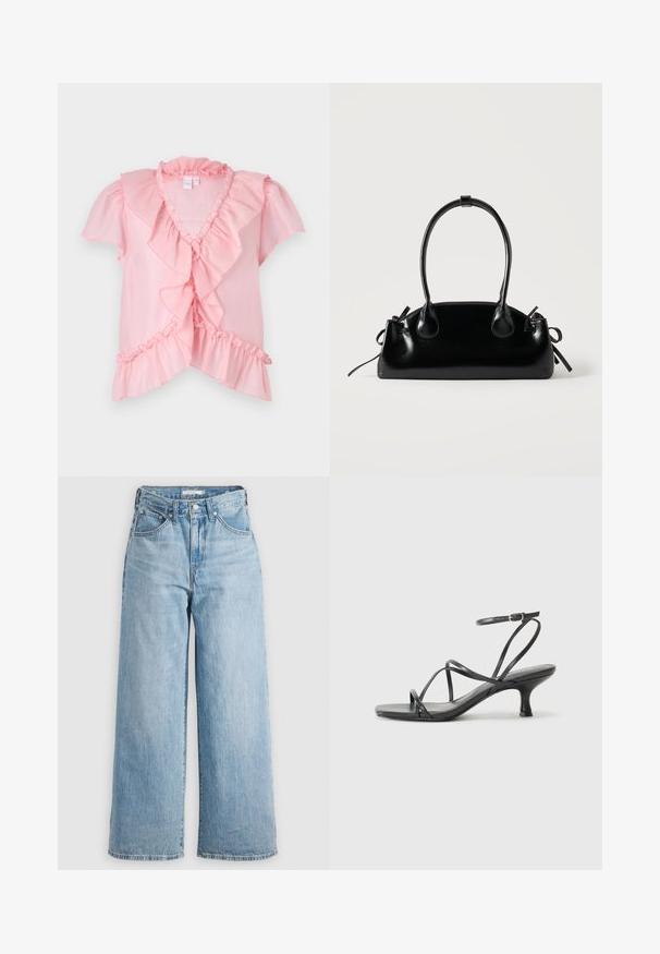 Roze luchtige blouse met korte gerimpelde mouwen, een V-hals en gelaagde ruffle-accenten langs de voorkant en de zoom. Zachte textuur.; Lichtblauwe wijde spijkerbroek met hoge taille, gemaakt van denimstof. Voorzien van een klassieke vijf-pocketontwerp en metalen hardware.; Zwarte hoge hakken sandalen met dunne banden, open teen ontwerp en een kleine, uitlopende hak. Het materiaal lijkt glad en glanzend.; Kleine zwarte glanzende handtas met twee lange hengsels en zijkant trekkoord details op een effen lichte achtergrond.