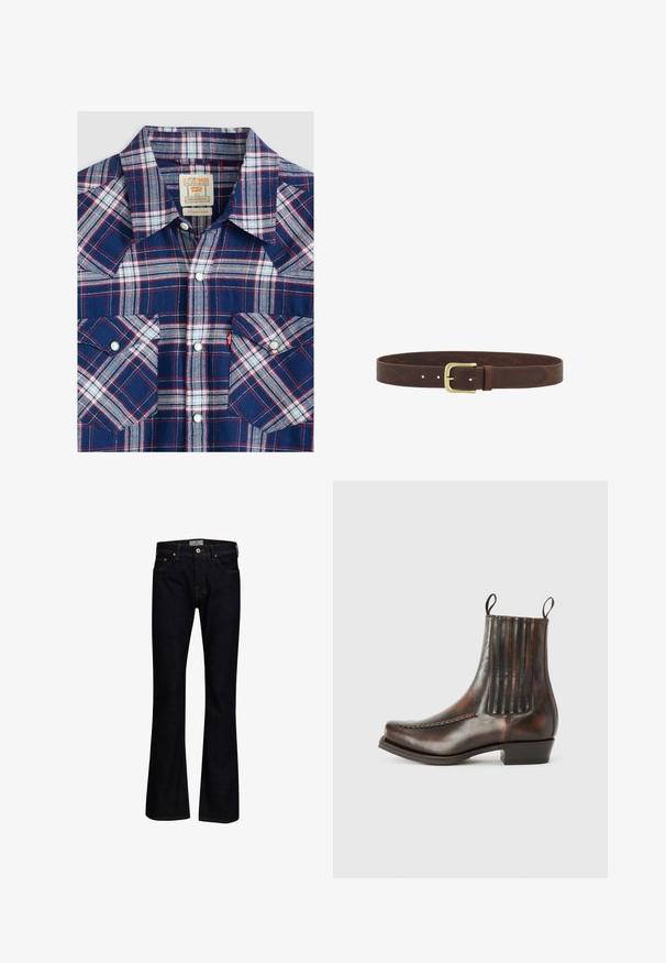 Geruite overhemnd in marineblauw, wit en rood. Heeft een puntkraag, twee borstzakken en zilveren drukknoopjes. Textuurstof.; Donkerblauwe flare jeans van denim met een gladde textuur. Beschikt over vijf zakken, messing hardware en contrasterende stiksels.; Bordeaux lederen enkelboot met een gladde afwerking, elastische zijpanelen, een ronde neus, decoratieve stiksels en een lage blokhak.; Bruine leren riem met geperste patronen en een gouden metalen gesp, plat neergelegd tegen een witte achtergrond.