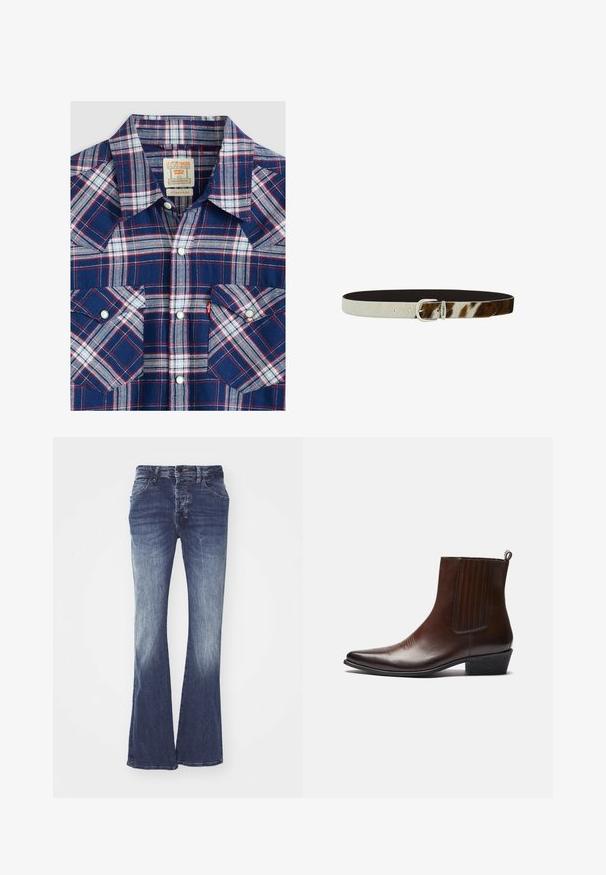 Kariertes Hemd mit Button-Down-Kragen in Marineblau, Weiß und Rot. Verfügt über einen spitzen Kragen, zwei Brusttaschen und silberne Druckknöpfe. Texturiertes Gewebe.; Ausgestellte blaue Jeans aus Denim mit mittelhohem Bund, die von dunkel zu hell verblassen. Sie verfügen über fünf Taschen und einen Knopfverschluss.; Braune Leder-Ankle-Boots mit spitzer Spitze, elastischen Seitenteilen, strukturierten Details auf der Vorderseite und einem niedrigen, gestapelten Absatz.; Ledergürtel mit cremefarbenem und braun gesprenkeltem Design, silberner Schnalle und glatter Oberfläche mit kontrastierender dunkler Unterseite.