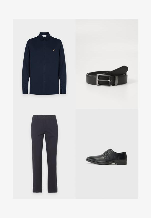 Chemise bleu marine à manches longues en tissu lisse, présentant un col boutonné, des boutons noirs et un petit logo d'oiseau doré sur la poitrine.; Pantalon slim noir avec fermeture par bouton et zip, passants de ceinture et jambes droites, présenté sur un fond clair.; Chaussure habillée en cuir noir à surface lisse, design à lacets, bout pointu et semelle en caoutchouc profilée basse. Forme et détails minimalistes.; Ceinture en cuir noir avec une boucle en métal argenté, présentant une finition lisse et un design classique. La ceinture est soigneusement pliée.