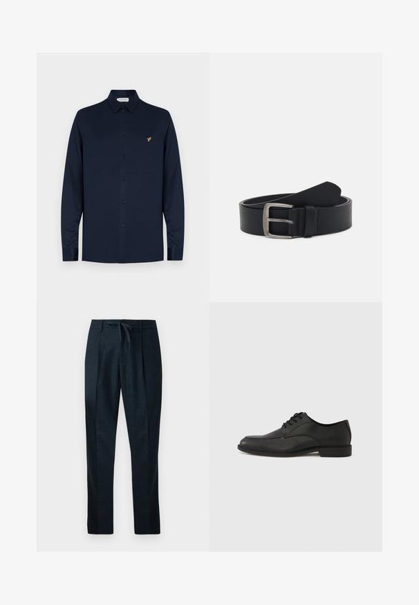 Marineblaue Langarmbluse aus glattem Stoff, mit einem Button-Down-Kragen, schwarzen Knöpfen und einem kleinen goldenen Vogel-Logo auf der Brust.; Marineblaue Hose aus strukturiertem Stoff, mit einem Kordelzugbund, geraden Beinen und zwei vorderen Falten für eine maßgeschneiderte Optik.; Schwarzer Schnürschuh aus Leder mit glatter Oberfläche, abgerundeter Zehenkappe und niedrigem Gummihacken. Verfügt über dezente Nahtdetails am Obermaterial.; Schwarzer Ledergürtel mit einer silbernen Metallschnalle, verfügt über eine glatte Oberfläche und ein klassisches Design. Der Gürtel ist aufgerollt, mit dem Ende nach oben gerichtet.