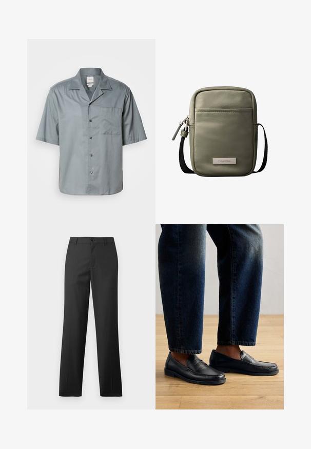 Kortærmet skjorte med knapper i lys grå stof med en glat tekstur, der har en brystlomme og en klassisk krave.; Samsøe Samsøe SAJOHNNY TROUSERS - Bukser - turkish coffee; Sorte læder loafers med syede detaljer og teksturerede accenter, båret med mørk denim, der viser et afslappet og strømlinet design.; Kompakt korsbodytaske i olivengrøn med forlomme, sort justerbar rem, lynlåslukning og Calvin Klein logo-plakette.