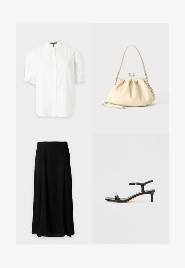 Blusa blanca de manga corta con botones en la parte delantera, cuello alto con volantes y puños de manga plisados.; Falda maxi negra hecha de un material ligero, con un diseño fluido, de color negro sólido y detalles sutiles en las costuras laterales.; Sandalia de tacón de cuero negro con correa en el tobillo, punta abierta, frente cuadrado y detalle en hardware plateado. Diseño ajustado con un perfil elegante.; Bolso de mano de piel suave color crema con diseño fruncido, cierre de marco plateado, asa corta y una correa de cadena desmontable.