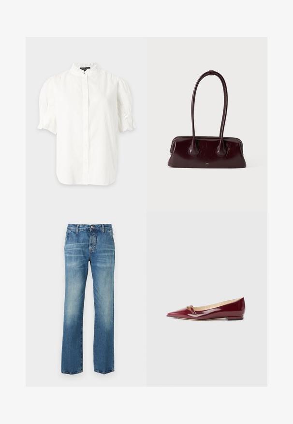 Blouse blanche à manches courtes avec patte de boutonnage, col montant volanté et poignets de manches plissés.; Jean bleu à coupe droite avec avant délavé, passants de ceinture, poches avant et fermeture par bouton sur fond blanc.; Ballerines en cuir verni bordeaux avec un bout pointu, présentant un petit détail découpé et un petit talon. Texture lisse et design épuré.; Sac à main en cuir brun foncé brillant avec de longues anses fines et une base rectangulaire structurée sur un fond clair uni.