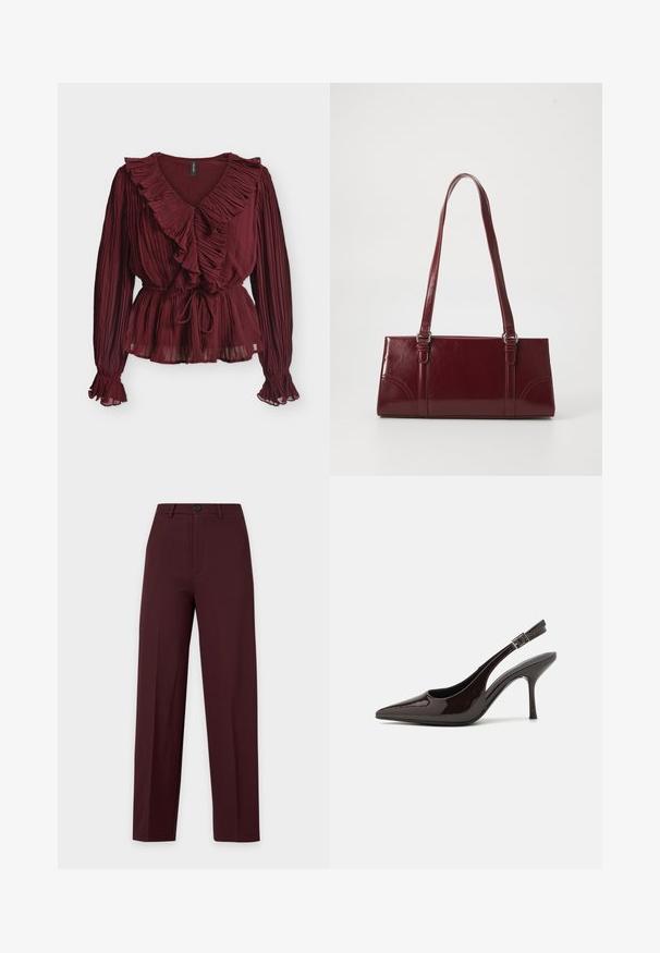 Blusa burdeos de manga larga con tela plisada, escote en V con volantes, cintura fruncida con lazo y puños con volantes sobre fondo blanco.; Pantalones rectos de color burdeos oscuro con cierre de botón y cremallera, trabillas para cinturón y pliegues marcados, mostrados sobre un fondo liso.; Zapato de tacón alto tipo slingback en piel sintética brillante de color marrón oscuro, con punta afilada, laterales abiertos y correa ajustable en el tobillo.; Bolso burdeos hecho de material brillante, de forma rectangular, con dos asas para el hombro y sutiles acentos curvados en la parte frontal.