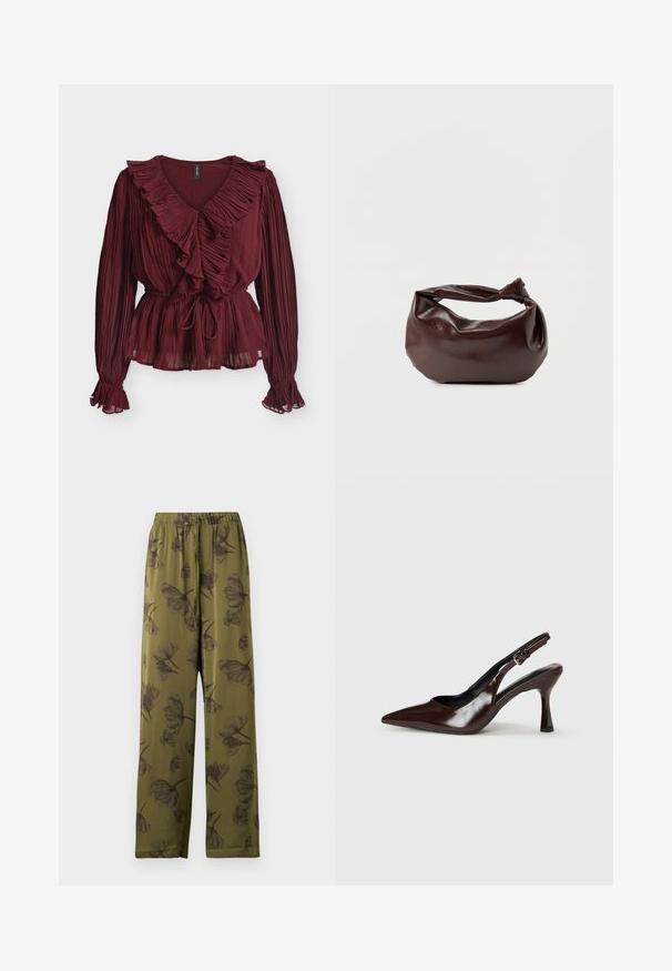 Blusa burdeos de manga larga con tela plisada, escote en V con volantes, cintura fruncida con lazo y puños con volantes sobre fondo blanco.; Pantalones de pierna ancha verde oliva con cintura elástica y patrón de flores negras.; Zapatos de tacón slingback de charol marrón con punta afilada, tacón delgado y correa ajustable con una pequeña hebilla.; Bolso de hombro de cuero marrón oscuro con una forma suave y caída, y un asa con nudo torcido sobre un fondo blanco liso.