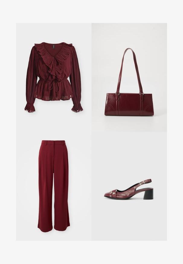 Blusa burdeos de manga larga con tela plisada, escote en V con volantes, cintura fruncida con lazo y puños con volantes sobre fondo blanco.; Pantalones de pierna ancha color burdeos con pliegues, confeccionados en tela suave. Presentan una cinturilla plana y sin bolsillos visibles.; Zapato slingback de cuero burdeos con punta redonda, diseño curvado, acentos de metal plateado y tacón ancho. Acabado texturizado.; Bolso burdeos hecho de material brillante, de forma rectangular, con dos asas para el hombro y sutiles acentos curvados en la parte frontal.