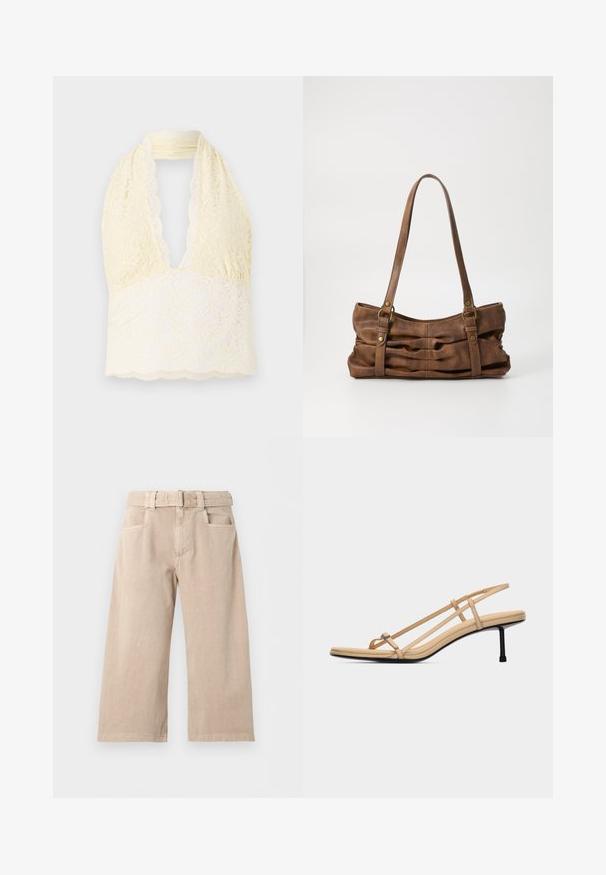 Haut à bretelles en dentelle de couleur jaune clair avec un décolleté en V profond, présentant des motifs floraux, une dentelle texturée et un ourlet festonné. Tissu doux et extensible.; Pantalon beige à larges jambes avec passants de ceinture, poches latérales et fermeture à boutons sur le devant, présenté sur fond blanc.; Sandale beige à lanières avec une fine boucle pour l'orteil, deux lanières latérales, une bride arrière, une semelle rembourrée et un talon noir élégant de hauteur moyenne.; Even&Odd Sac à main - brown