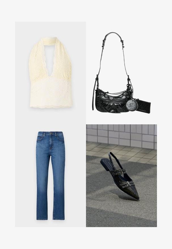 Blonde blondette-top i lys gul med en dyb V-udskæring, prydet med blomstertryk, tekstureret blonde og bølget kant. Blødt, strækbart stof.; Blå denim jeans med lige ben, høj talje, fem lommer og diskrete stikninger langs sømmene. Glat tekstur.; Spidse slingback-sko i sort imiteret slangeskind med dobbelt spænde og lav hæl, der har en glat tekstur og moderne design.; Sort syntetisk læder håndtaske med en buet design, lynlåslomme foran og dekorativ hardware med en aftagelig rund møntpung.