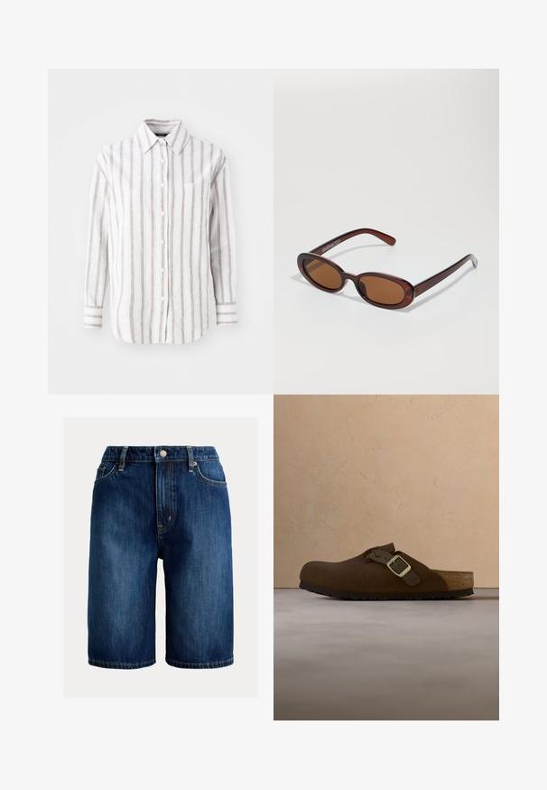 Chemise blanche à manches longues avec des rayures verticales brunes, un col et une poche poitrine. Tissu en coton avec une texture douce.; Shorts en denim bleu foncé avec une coupe droite, une taille mi-haute, une fermeture par bouton métallique et des coutures contrastantes jaunes le long des coutures.; Chaussure à enfiler en daim marron avec une sangle tressée et une boucle métallique, dotée d'une semelle intérieure moulée et d'une semelle extérieure en caoutchouc texturée.; Lunettes de soleil rondes teinte brun avec une monture bordeaux brillante. Branches fines avec un détail de marque subtil. Design de verres plats.