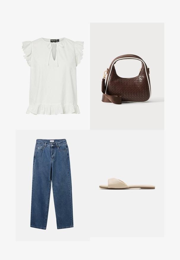 Blusa blanca sin mangas con mangas tipo capa con volantes, escote de ojal con lazo y bajo con volantes. Etiqueta de la marca "Pieces" en el interior del cuello.; Jeans de mezclilla azul clásico con un diseño de pierna recta, cinco bolsillos y cierre de botón. Presenta un lavado medio y una textura resistente.; Chanclas planas en un suave material beige, con un diseño de punta abierta, textura lisa y forma minimalista, con una suela de color marrón claro.; Bolso de mano de piel trenzada marrón con ribete blanco, cremallera dorada y correa de hombro de tela marrón desmontable.