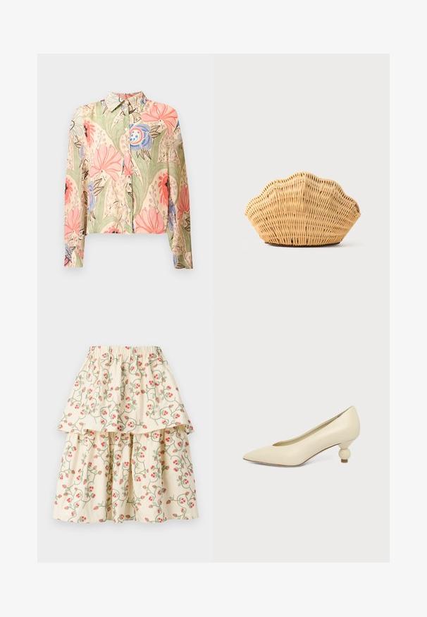 Langærmet skjorte med knapper og krave, med en beige bund og store blomsterprint i pink, blå, grøn og sort.; Cremefarvet lagdelt nederdel med et blomsterdesign af røde jordbær og grønne vinstokke. Elastisk talje for komfort og pasform.; Kremfarvet damesko med spids snude og lav hæl, hvor hælen er rund og kugleformet, på en ensfarvet baggrund.; Vævet rattan håndtaske formet som en kammusling med naturlig lysebrun farve og afrundede, strukturerede kanter.