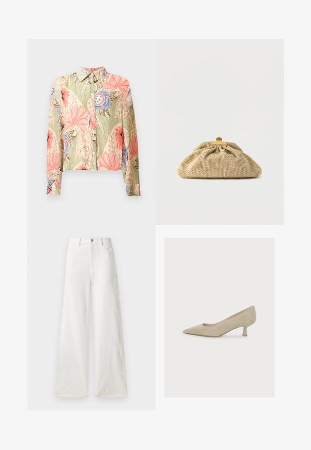Langærmet skjorte med knapper og krave, med en beige bund og store blomsterprint i pink, blå, grøn og sort.; Hvide bukser med vidde lavet af denim, der har broderede mønstre på siden og en traditionel femlomme-design. Lynlås-lukning med en knap.; Beige damesko i ruskind med spids tå, lav, slank kittenhæl og en glat, mat finish.; Beige tekstureret strikket clutch taske med afrundet form og gyldent metal låsebeslag, sat mod en ensartet hvid baggrund.
