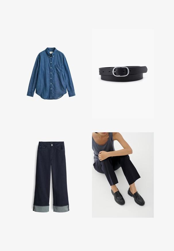 Langärmliges blaues Jeanshemd mit Brusttasche und Button-Down-Kragen, flach auf weißem Hintergrund ausgelegt.; Dunkelblaue Denim-Jeans mit weitem Bein und hoher Taille, mit umgeschlagenen Säumen in einem helleren Blauton und klassischem Vier-Taschen-Design.; Schwarze Leder-Loafer mit strukturierten Akzenten, niedrigem Absatz, rundem Zehenbereich und sichtbarer Naht. Das Modell trägt dunkle Hosen und ein graues Oberteil.; Schwarzer Leder Gürtel mit glatter Textur, ovaler silberner Metallschnalle und mehreren Einstelllöchern entlang des Riemens. Flaches, minimalistisches Design.