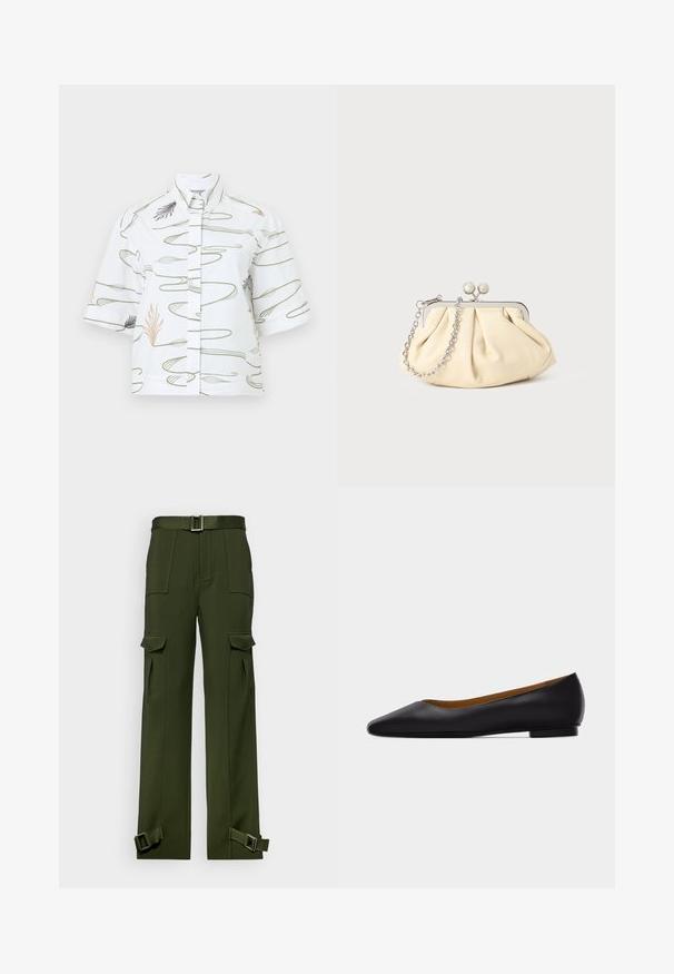 Short-sleeved white shirt featuring a botanical print in green and peach, with a stand-up collar and a straight cut design.; Green cargo pants made of durable fabric. Features include a belted waist, multiple large pockets, and buckled straps at the ankles.; Black leather pointed-toe flat shoe with low heel and smooth finish, shown from side on a light gray background.; Pleated beige leather clutch with a silver metal frame, featuring two round decorative clasps and a silver chain strap.