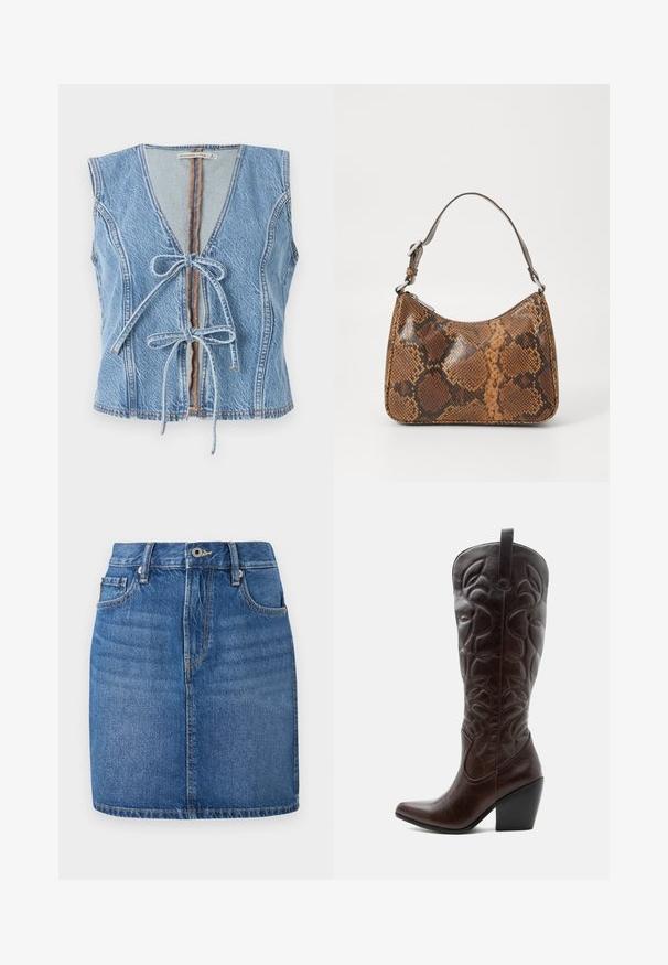 Gilet en denim bleu avec un décolleté en V profond, fermeture à nouer à l'avant et sans manches. Présente des coutures visibles et un ourlet brut.; Jupe en denim bleu, coupe droite avec une ceinture, poches avant et une finition délavée. Présente des coutures contrastées et une braguette zippée.; Botte de cowboy haute en cuir marron foncé avec motifs décoratifs cousus, bout pointu et talon bloc empilé.; Petit sac à main avec un motif en peau de serpent marron et noir, courroie courte et ajustable, et fermeture éclair.