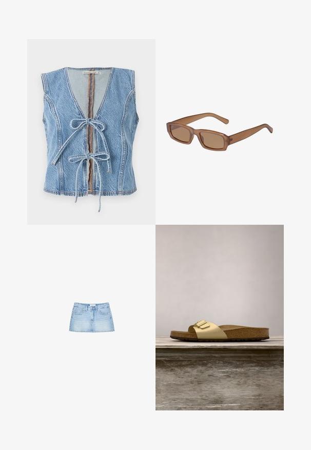 Blå denimvest med dyb V-udskæring, frontlukning med bånd og ærmeløs design. Har synlig syning og rå kant.; Lysblå denimminiskørt med lige snit, fem lomme, og frontknaplukning med bæltestropper. Glat tekstur.; Gyldne syntetiske slidesandaler med en enkelt rem og spændeaccent, der har en brun korksål og en tekstureret gummisål.; Brune, rektangulære solbriller med en gennemsigtig ramme, slanke tempelstænger og tonede linser, der har en glat tekstur og et moderne design.