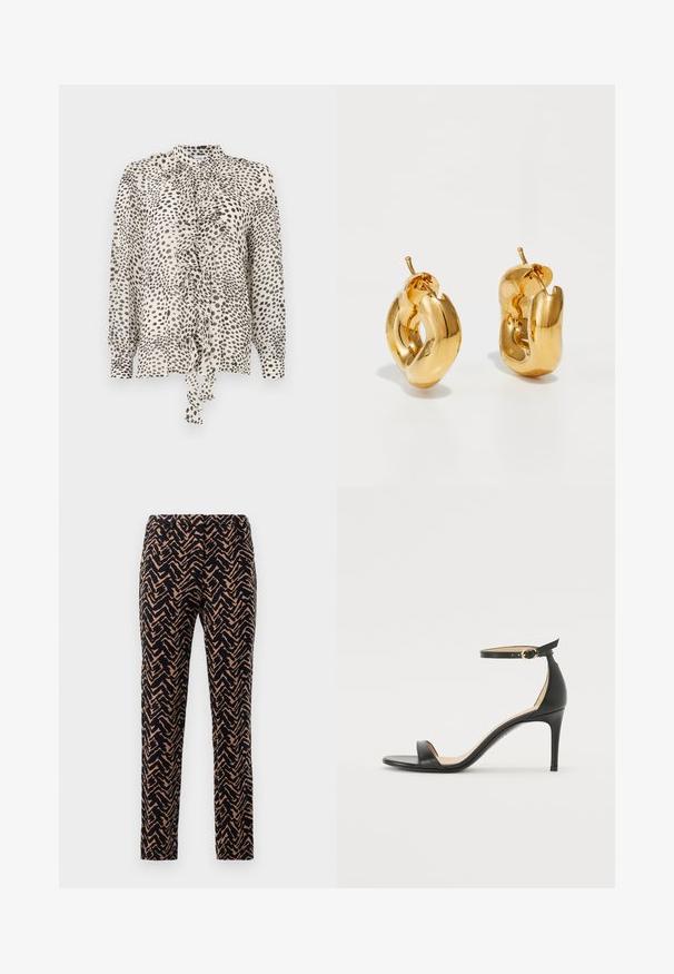 Blouse à manches longues en tissu léger présentant un devant à volants, un col et un motif tacheté noir sur fond crème.; Pantalons slim fit à motif zigzag, dans des couleurs marine et beige, avec une texture lisse et une taille standard.; Sandale à talons hauts en cuir noir avec une lanière de cheville. Présente une texture lisse, un bout ouvert et un talon fin. Détail de boucle en ton doré.; Boucles d'oreilles créoles en or massif avec un design tubulaire légèrement tordu et des fermoirs à tige sur un fond blanc.