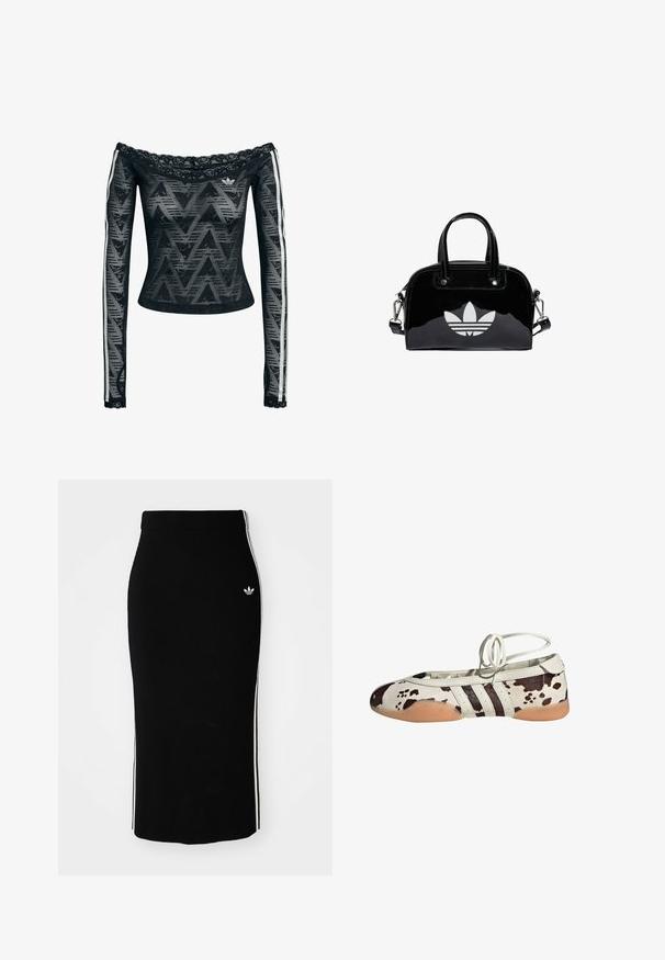 Top negro de manga larga y escote off-the-shoulder, con detalle de encaje, patrón en zigzag y franjas blancas en los costados. Hecho de un material ligero y transparente.; Falda midi negra con diseño ajustado, que presenta franjas laterales blancas y un pequeño emblema blanco en el lado izquierdo.; Bailarinas de cuero blanco con estampado de vaca marrón, con tres rayas negras en el lateral y suela flexible de goma color marrón claro.; Bolso de mano de charol negro con forma redondeada, dos asas en la parte superior, acentos plateados y un prominente logotipo blanco en la parte delantera.