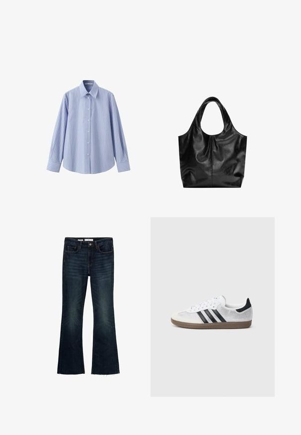 Hellblaues Hemd mit langen Ärmeln und dünnen vertikalen dunklen Streifen, spitzem Kragen und mit Knöpfen versehenen Manschetten.; Ausgestellte dunkelblaue Denim-Jeans mit verblassten Akzenten, fünf Taschen und einem rohen Saum. Aus Baumwolle mit einem Knopfverschluss und Gürtelschlaufen gefertigt.; Weißer Mesh-Sneaker mit schwarzen Streifen, beiger Wildleder-Kappe an der Spitze und am Absatz, strukturierter Gummisohle und weißen Schnürsenkeln. Klassisches Low-Top-Design.; Schwarze Leder-Tote mit glatter Textur, weichem, abgerundetem Oberteil und breiten Tragegriffen. Merkmale minimale Nähte und eine lässige Silhouette.