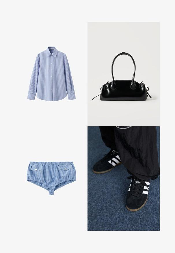 Chemise bleu clair à manches longues avec fines rayures verticales foncées, col pointu et poignets boutonnés.; Short boxer à carreaux bleus et blancs avec taille élastique et deux poches rabat boutonnées à l'avant.; Des chaussures de sport en suède noir avec trois rayures blanches et des lacets noirs. Un pantalon noir texturé est partiellement visible à côté des chaussures.; Petit sac à main noir brillant avec deux longues anses et des détails à cordon sur les côtés sur un fond clair uni.