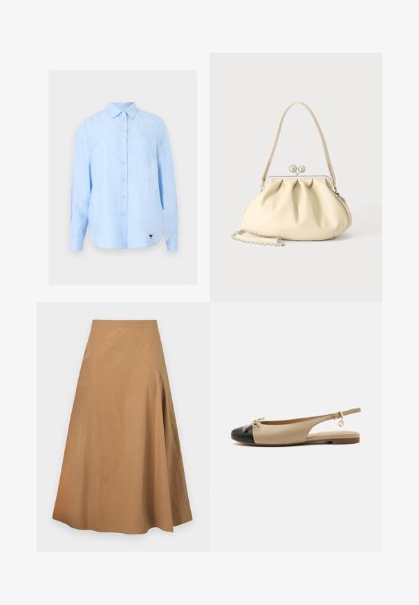 Chemise bleu clair à manches longues avec col, en tissu texturé, avec un petit logo noir près de l'ourlet inférieur.; Jupe midi trapèze couleur beige avec détail de couture asymétrique à l’avant, réalisée en tissu lisse, présentée sur fond blanc.; Chaussure plate beige slingback avec embout noir, petit détail nœud, bride réglable avec boucle et breloque dorée sur le côté.; Sac à main en cuir souple couleur crème avec un design froncé, fermoir cadre argenté, poignée courte et bandoulière chaîne amovible.