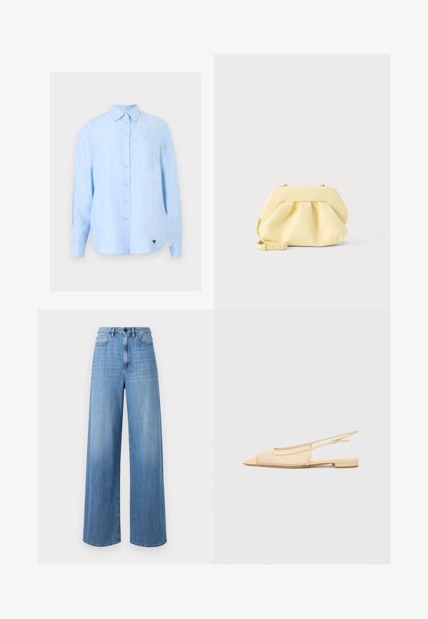 Lyseblå skjorte med lange ærmer og krave, lavet af struktureret stof med en lille sort logo nær bundkanten.; Lyseblå brede jeans lavet af denim, med høj talje, bælte loops, forlommer og kontraststikninger.; Slingback fladsko i lys beige med en mesh-overdel, spids tå og en lav hæl. Har en justerbar strop for bedre pasform.; Blød gul læderclutch med samlet design og aftagelig rem, sat mod en ensartet lys baggrund.