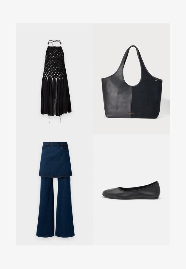 Robe noire à col halter avec partie supérieure en treillis tissé et jupe fluide plissée et transparente, bretelles nouées avec ornements métalliques.; Jean en denim foncé avec une superposition de jupe à couches, présentant des jambes larges et des poches, terminé par un ourlet propre et une couture classique.; Ballerines en cuir noir avec un bout rond, texture lisse, détails de couture minimalistes et design de semelle flexible.; Sac cabas noir avec cuir texturé d’un côté et daim lisse de l’autre, avec une anse arrondie et un petit logo doré de la marque.
