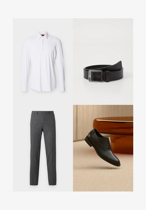 Chemise blanche à manches longues avec motif de petits points noirs et col pointu, présentée sur un fond clair uni.; Pantalons à carreaux gris avec une coupe ajustée, présentant une texture lisse, des jambes droites et des détails de couture subtils.; Chaussure de costume en cuir noir poli à lacets flottant au-dessus d’un tapis beige, avec une grande table ronde en verre de couleur ambre en arrière-plan.; Ceinture en cuir noir avec une boucle en métal argenté et des accents de surpiqûres rouges, présentant une texture lisse et mate ainsi qu'un design classique.
