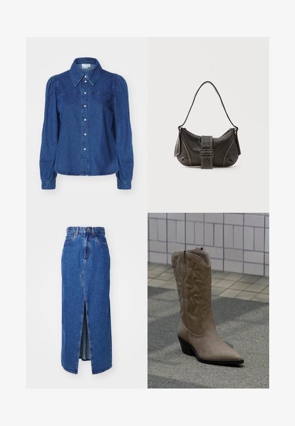 Denimhemd mit strukturiertem Kragen, langen Puffärmel und Knopfleiste. Dunkelblaue Stoff mit subtiler Textur und tailliertem Schnitt.; Denim-Maxi-Rock in Mittelblau mit Schlitz vorne, hoher Taille und klassischem Fünf-Taschen-Design. Mit kontrastierenden Nähten und einem Reißverschluss.; Hoher Cowboy-Stiefel aus beigem Wildleder mit dekorativer Naht und Nietenakzenten, ausgestattet mit spitzer Spitze und schrägem schwarzem Absatz auf Asphalt.; Schwarze Leder-Schultertasche mit Schnallengurt-Detail, abgerundeten Kanten und kontrastierenden weißen Nähten auf schlichtem Hintergrund.