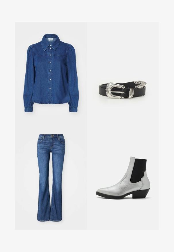 Denim shirt met een gestructureerde kraag, lange pofmouwen en knoopsluiting aan de voorkant. Donkerblauwe stof met subtiele textuur en een getailleerde taille.; Blauwe denim bootcut jeans met voorzakken, knoopsluiting en riemlussen, weergegeven op een witte achtergrond.; ONLY SHOES by Zalando ONLBRONCO SHORT - Cowboy-/Bikerlaarsjes - silver; Zwarte leren riem met een grote zilveren metalen gesp met ingewikkelde details en decoratieve accenten aan beide uiteinden.