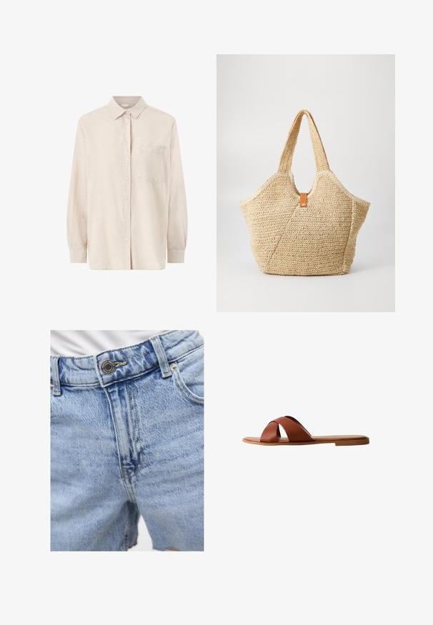 Camisa beige de manga larga con botones, cuello y bolsillo en el pecho, mostrada sobre fondo blanco.; Pantalones cortos de denim azul claro con cintura alta, costuras visibles, dos bolsillos delanteros y cierre de botón de metal. Textura suave.; Sandalia plana de cuero marrón con diseño de tiras cruzadas. Suela plana con acabado liso y estilo minimalista. Sin herrajes visibles ni adornos.; Gran bolsa de paja con un exterior texturizado en color beige y dos asas anchas. Presenta una correa de acento de cuero para el cierre.