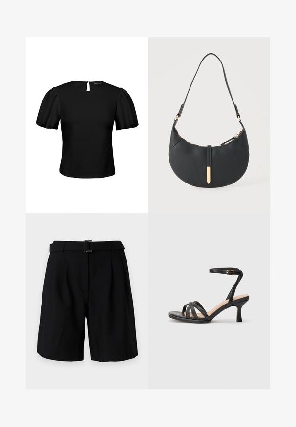 Blusa negra de manga corta con mangas abullonadas, escote redondo y pequeño cierre con botón de ojo de cerradura en la espalda.; Pantalones cortos negros a medida con una textura suave, que presentan una cinturilla ancha y un detalle de hebilla metálica. Diseño estructurado y parte delantera con pliegues.; Sandalias negras de tacón alto con múltiples tiras finas en la parte delantera, una sola tira en el tobillo con un hebilla dorada y punta cuadrada.; Bolso negro en forma de media luna con una sola correa, cremallera dorada y una lengüeta decorativa rectangular dorada en la parte delantera.