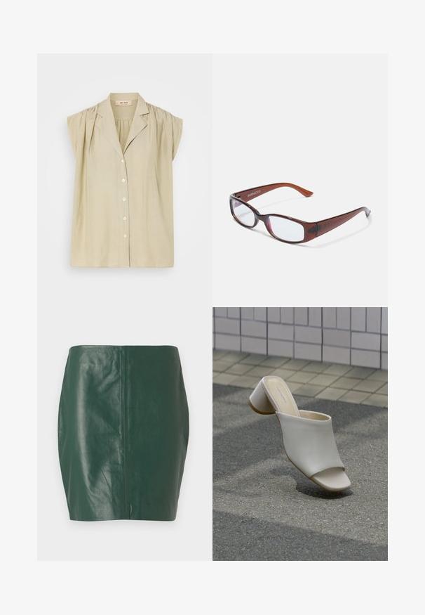 Blusa de un beige claro con mangas cortas abullonadas, cierre de botones en el frente y un ligero cuello. Fabricada con una tela suave y ligera.; Minifalda de cuero verde con una textura suave y forma ajustada. Presenta un diseño sin costuras y sin cierres o herrajes visibles.; Un zapato mule blanco abierto en la punta con tacón ancho sobre suelo pavimentado cerca de una pared de azulejos, inclinado para mostrar vistas lateral y superior.; Gafas rectangulares con tintado marrón y acabado brillante, con varillas delgadas y lentes transparentes. Logo visible en la patilla izquierda.